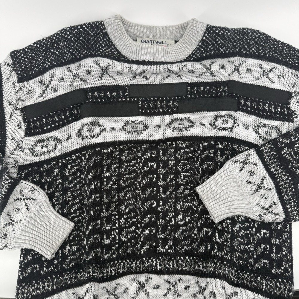 Vintage 80s 90s Y2K Chartwell Knit Sweater Sz Large Leather Chunky Knit - Picture 3 of 9
